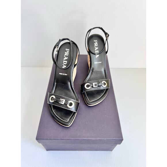 PRADA Italy Black Leather Cork Wedge Ankle Platform Strap Sandal Women 38 Box - Picture 1 of 8